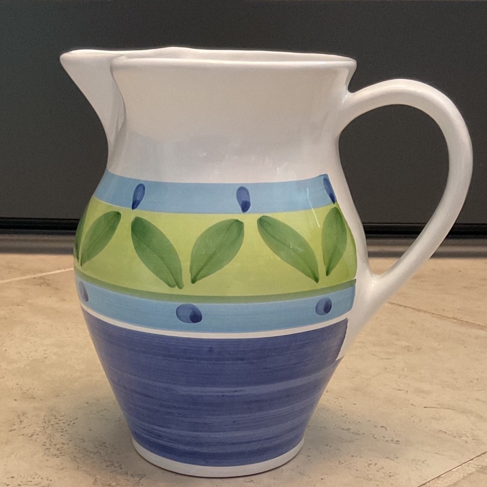 Ceramic Pitcher Hand Painted Blue Green Leaf Pattern Mediterranean Farmhouse